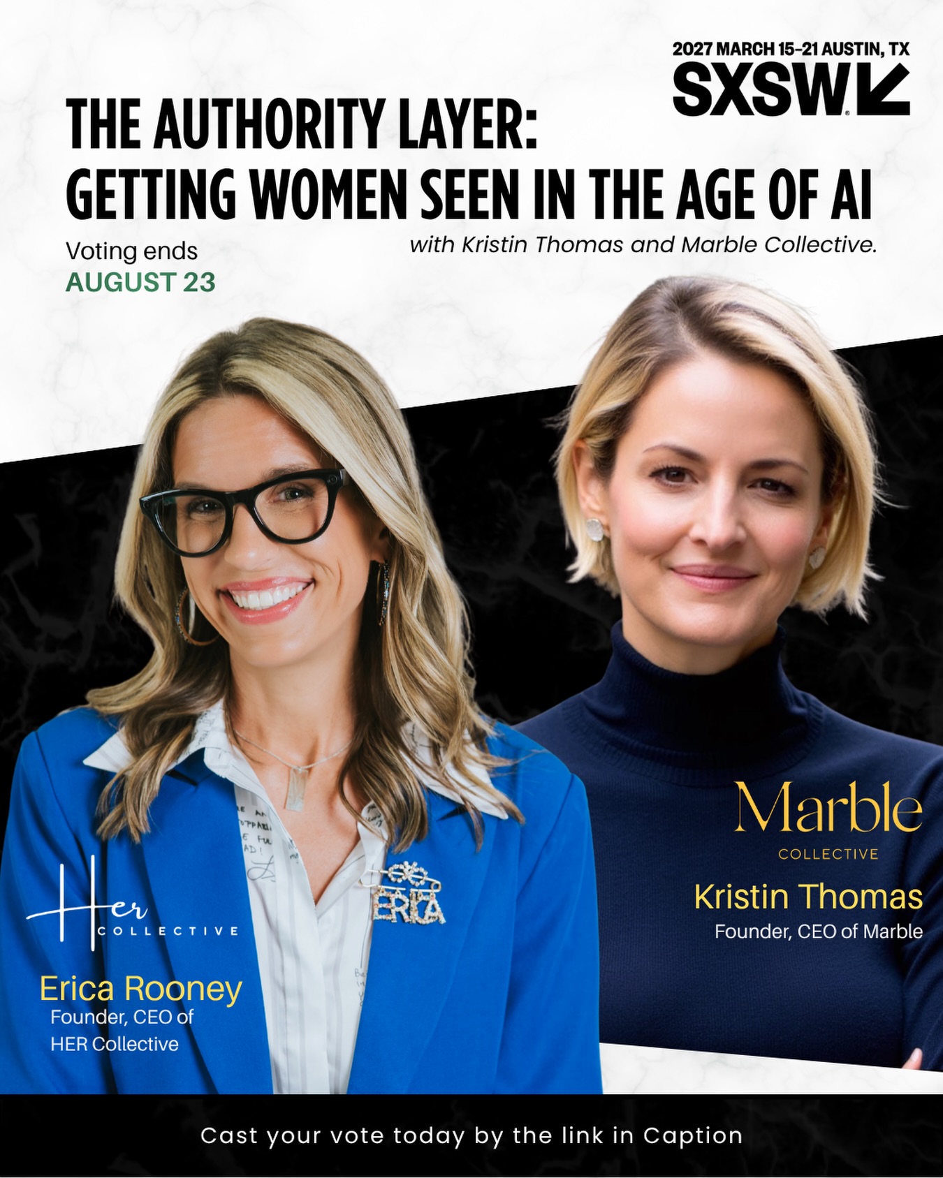 One night, a room of powerful women asked AI to show what it thought they looked like. Not one image looked like them.

That was not a glitch. The system worked exactly as designed, trained on data that was never neutral.

AI is quietly becoming the authority layer of work, the infrastructure deciding who gets seen, hired, promoted, funded, and amplified. The women missing from the data pay first.

I am taking this to the SXSW stage with Kristin Thomas @kristinthomas_ , founder and CEO of Marble Collective @marblecollective . We are two women working opposite ends of the same problem. Our session is called “The Authority Layer: Getting Women Seen in the Age of AI”, and community voting is open now through August 23.
It takes about a minute and it genuinely moves who gets picked:

Click this link: https://participate.sxsw.com/flow/sxsw/sxsw27/community-voting-sxsw/page/community-voting/session/1784144721773001SgVY

👉🏼Create a free Panel Picker account (30 seconds, that’s the platform SXSW votes through)
👉🏼Hit the little heart to the right of the session title
👉🏼Leave a one line comment on why this matters to you 
✨That comment carries more weight in SXSW’s scoring than the vote alone, so please do not skip it.

And while you are there, my Moms Meet Up session is also on the ballot this year: https://participate.sxsw.com/flow/sxsw/sxsw27/community-voting-sxsw/page/community-voting/session/1784140325045001pjHT — would mean the world to get your vote and a comment on that one too.

Thank you for helping us get in the room
@marblecollective @joinhercollective